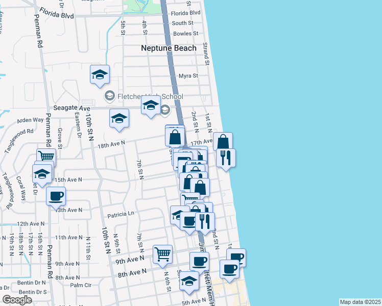 map of restaurants, bars, coffee shops, grocery stores, and more near 218 17th Avenue North in Jacksonville Beach