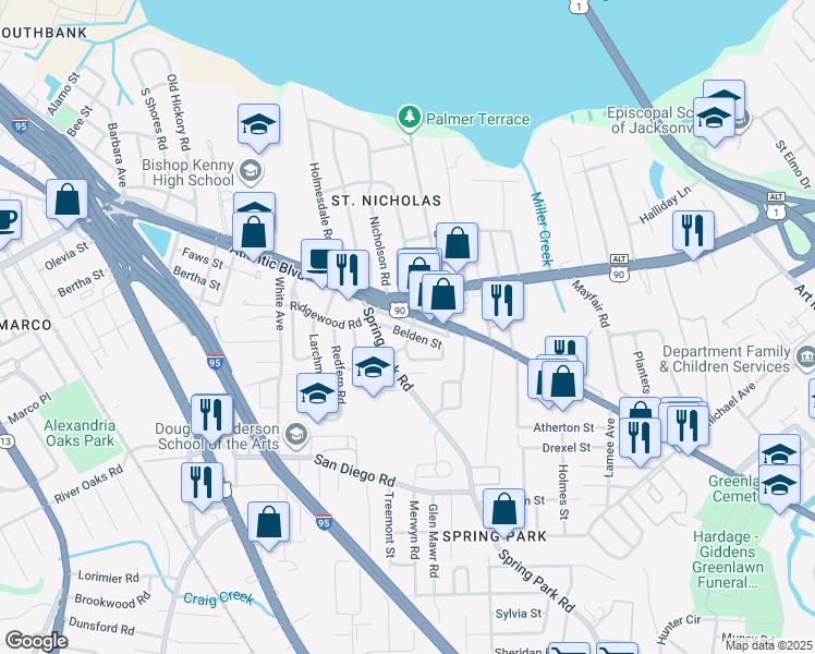 map of restaurants, bars, coffee shops, grocery stores, and more near 3041 Belden Street in Jacksonville