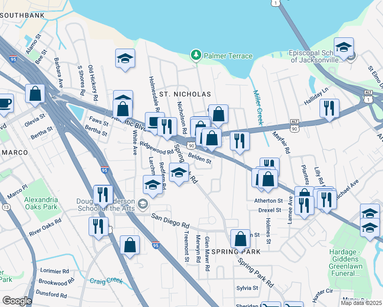 map of restaurants, bars, coffee shops, grocery stores, and more near 3041 Belden Street in Jacksonville