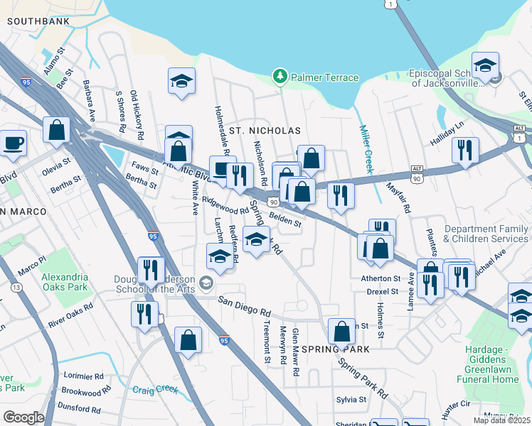 map of restaurants, bars, coffee shops, grocery stores, and more near 3041 Belden Street in Jacksonville