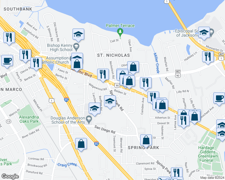 map of restaurants, bars, coffee shops, grocery stores, and more near 3041 Belden Street in Jacksonville