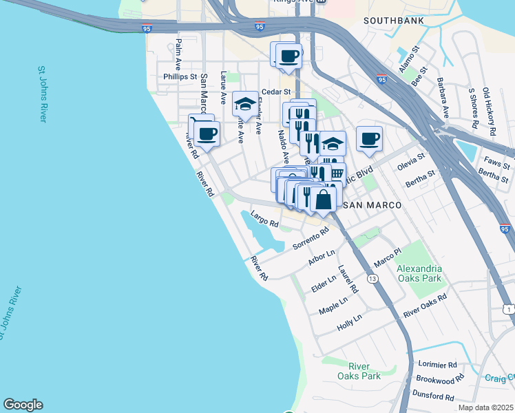 map of restaurants, bars, coffee shops, grocery stores, and more near 1898 San Marco Boulevard in Jacksonville