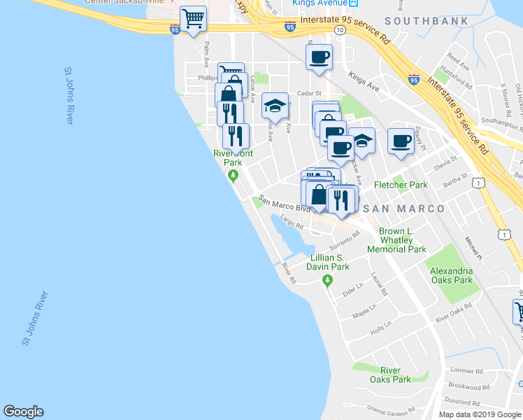 map of restaurants, bars, coffee shops, grocery stores, and more near 1840 San Marco Boulevard in Jacksonville
