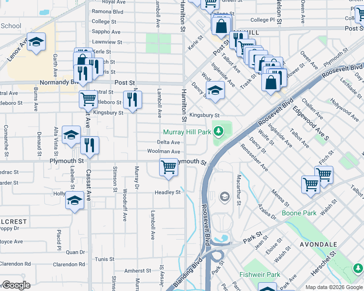 map of restaurants, bars, coffee shops, grocery stores, and more near 4526 Delta Avenue in Jacksonville