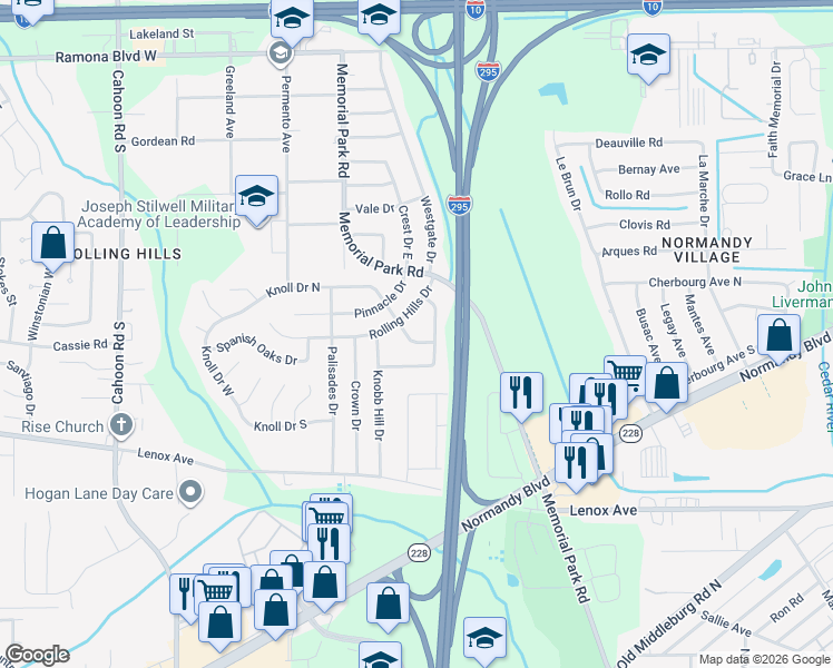map of restaurants, bars, coffee shops, grocery stores, and more near 7549 Knoll Drive in Jacksonville