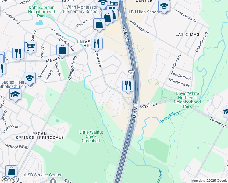 map of restaurants, bars, coffee shops, grocery stores, and more near 5301 Loyola Lane in Austin