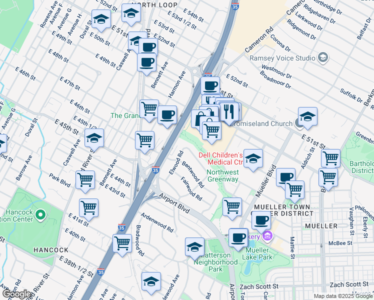 map of restaurants, bars, coffee shops, grocery stores, and more near 1204 Norwood Road in Austin