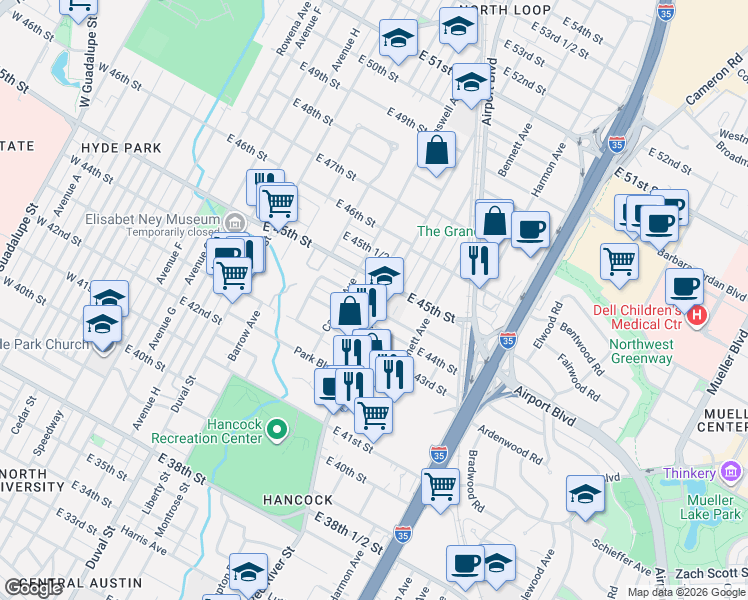 map of restaurants, bars, coffee shops, grocery stores, and more near 812 Keasbey Street in Austin