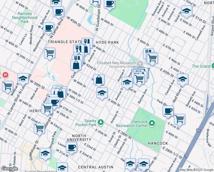 map of restaurants, bars, coffee shops, grocery stores, and more near 4105 Speedway in Austin