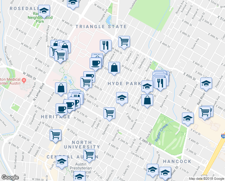 map of restaurants, bars, coffee shops, grocery stores, and more near 4012 Avenue D in Austin