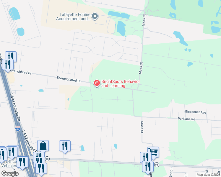 map of restaurants, bars, coffee shops, grocery stores, and more near 526 Thoroughbred Drive in Lafayette