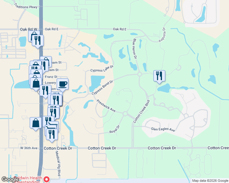 map of restaurants, bars, coffee shops, grocery stores, and more near 3687 Olde Park Road in Gulf Shores