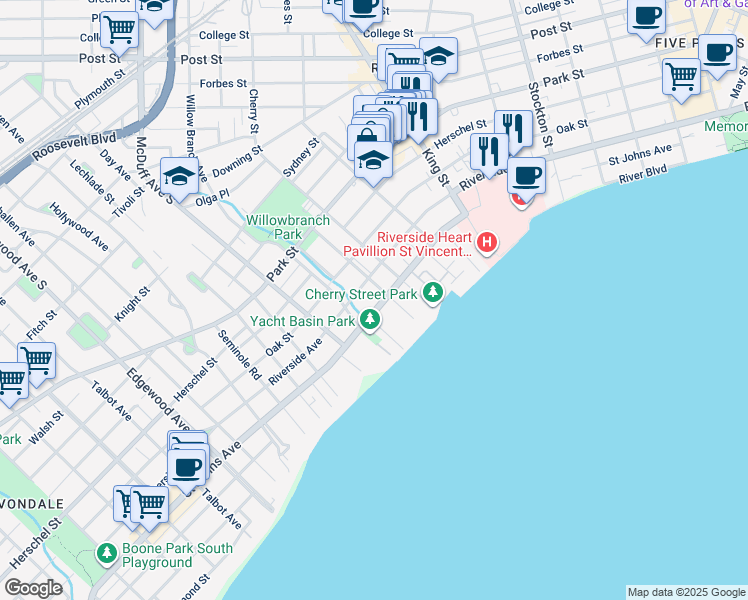 map of restaurants, bars, coffee shops, grocery stores, and more near 2909 Saint Johns Avenue in Jacksonville