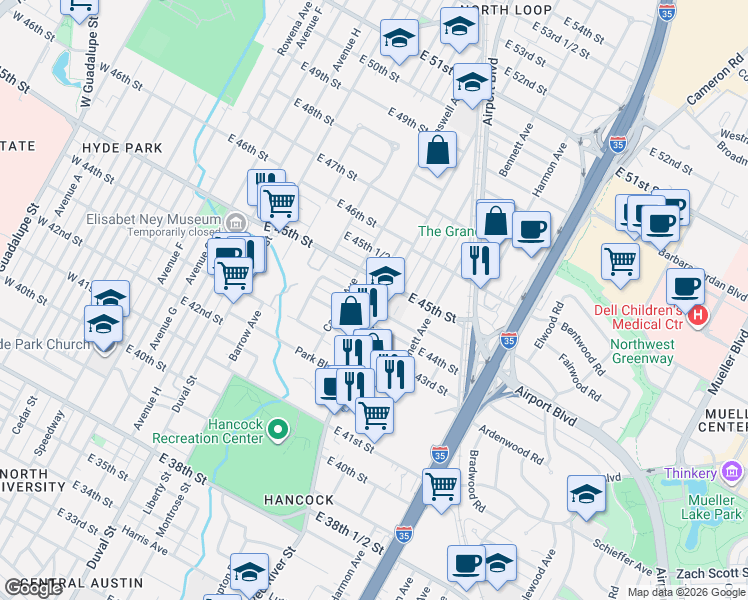 map of restaurants, bars, coffee shops, grocery stores, and more near 812 Keasbey Street in Austin