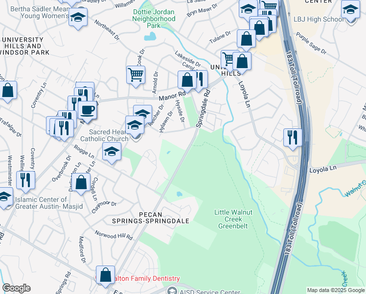 map of restaurants, bars, coffee shops, grocery stores, and more near 6020 Springdale Road in Austin