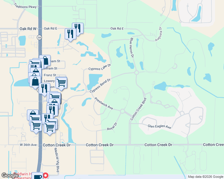 map of restaurants, bars, coffee shops, grocery stores, and more near 3687 Olde Park Road in Gulf Shores