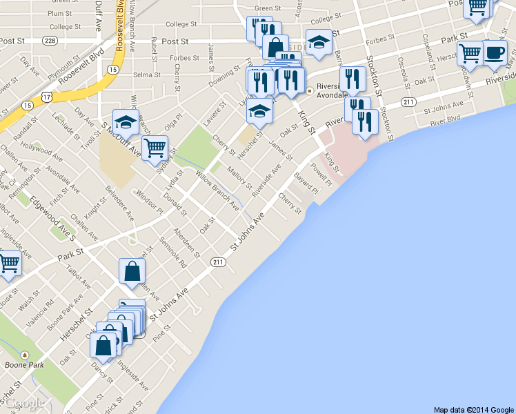 map of restaurants, bars, coffee shops, grocery stores, and more near 2909 St Johns Ave in Jacksonville