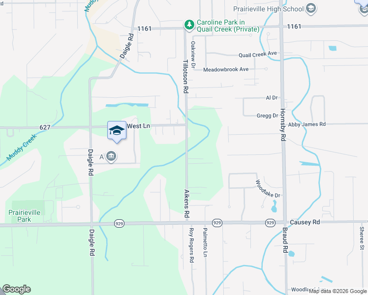 map of restaurants, bars, coffee shops, grocery stores, and more near 16217 Aikens Road in Prairieville
