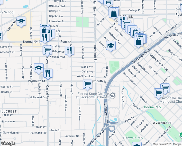 map of restaurants, bars, coffee shops, grocery stores, and more near 4526 Delta Avenue in Jacksonville