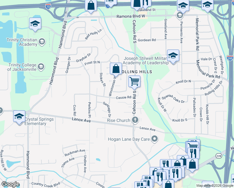 map of restaurants, bars, coffee shops, grocery stores, and more near 8242 Frost Street North in Jacksonville