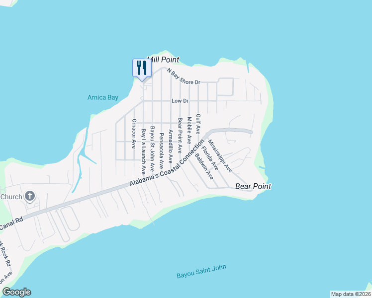 map of restaurants, bars, coffee shops, grocery stores, and more near 5407 Mobile Avenue in Orange Beach