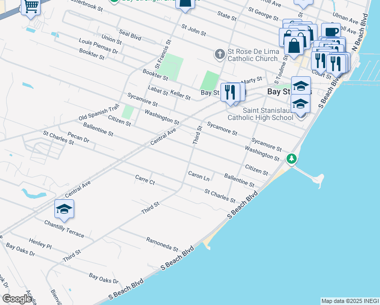 map of restaurants, bars, coffee shops, grocery stores, and more near 300 Third Street in Bay St. Louis