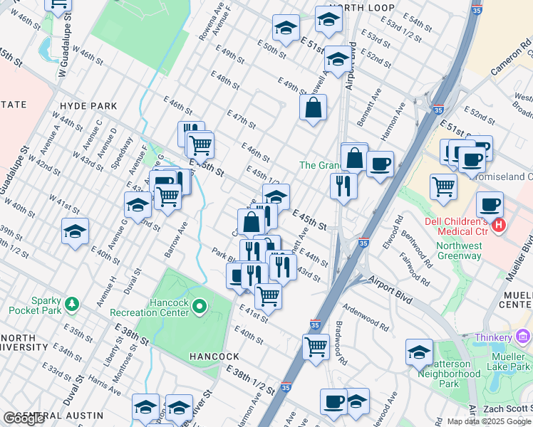 map of restaurants, bars, coffee shops, grocery stores, and more near 812 Keasbey Street in Austin