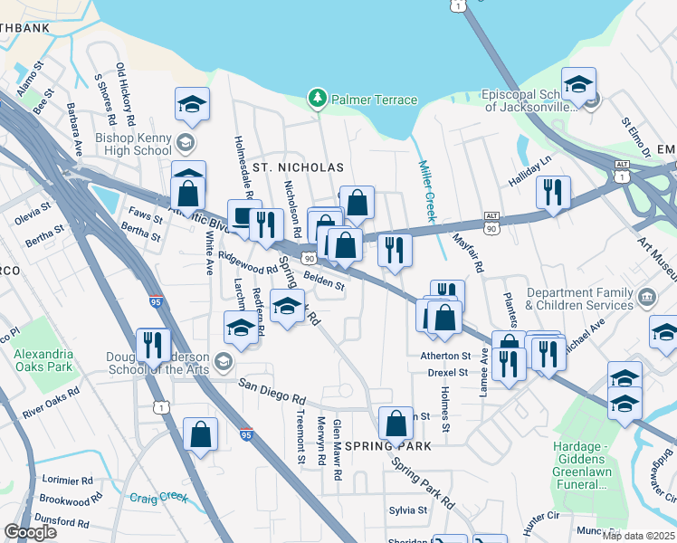 map of restaurants, bars, coffee shops, grocery stores, and more near 3128 Beach Boulevard in Jacksonville