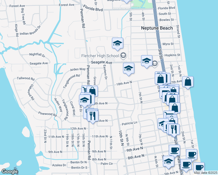 map of restaurants, bars, coffee shops, grocery stores, and more near 1815 Eastern Drive in Jacksonville Beach