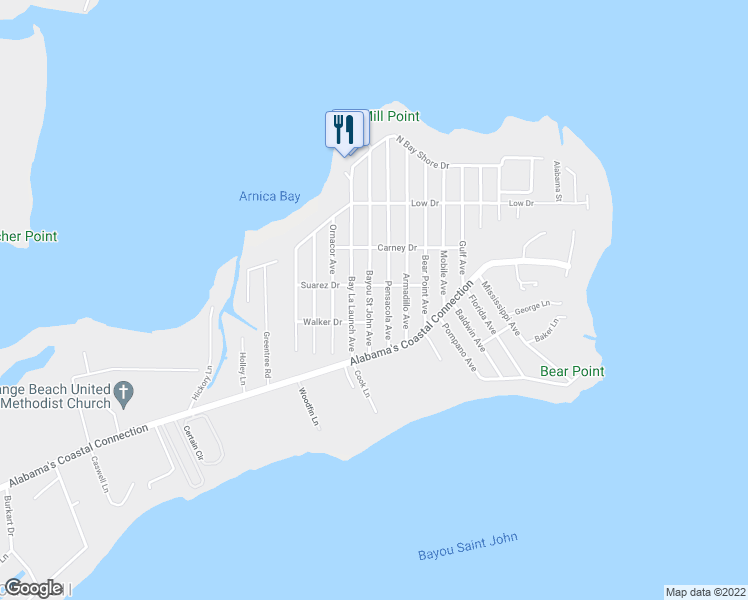 map of restaurants, bars, coffee shops, grocery stores, and more near 5406 Bayou Saint John Avenue in Orange Beach