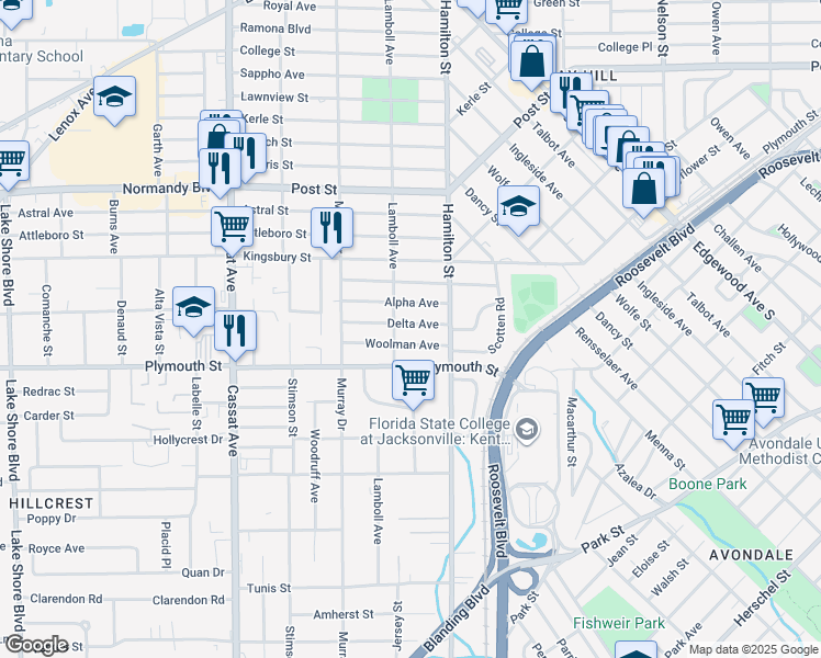 map of restaurants, bars, coffee shops, grocery stores, and more near 4526 Delta Avenue in Jacksonville