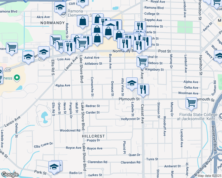map of restaurants, bars, coffee shops, grocery stores, and more near 1156 Denaud Street in Jacksonville