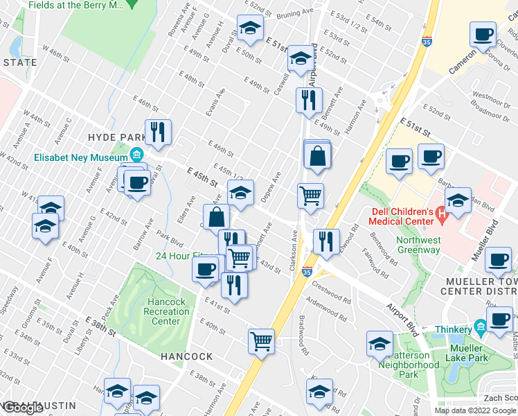map of restaurants, bars, coffee shops, grocery stores, and more near E 45th St & Depew Ave in Austin