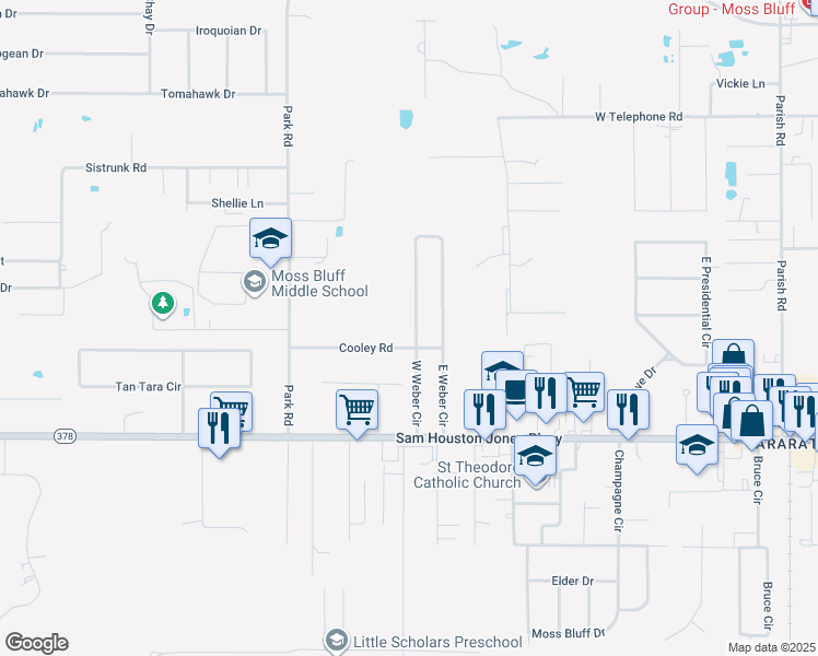 map of restaurants, bars, coffee shops, grocery stores, and more near 299 West Weber Circle in Lake Charles