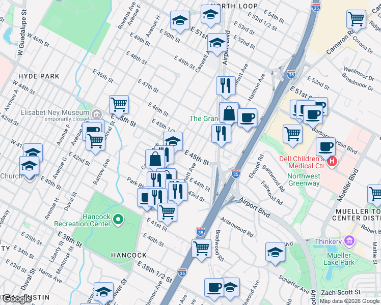 map of restaurants, bars, coffee shops, grocery stores, and more near in Austin