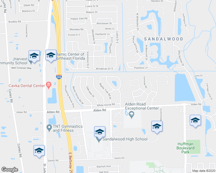 map of restaurants, bars, coffee shops, grocery stores, and more near 2465 Spring Vale Road in Jacksonville