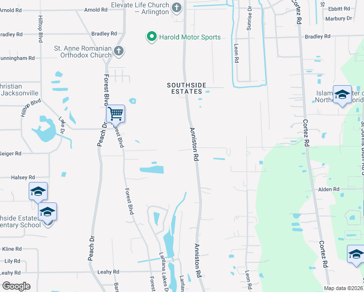 map of restaurants, bars, coffee shops, grocery stores, and more near 2386 Anniston Road in Jacksonville