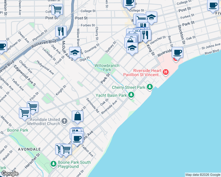 map of restaurants, bars, coffee shops, grocery stores, and more near 1502 McDuff Avenue South in Jacksonville
