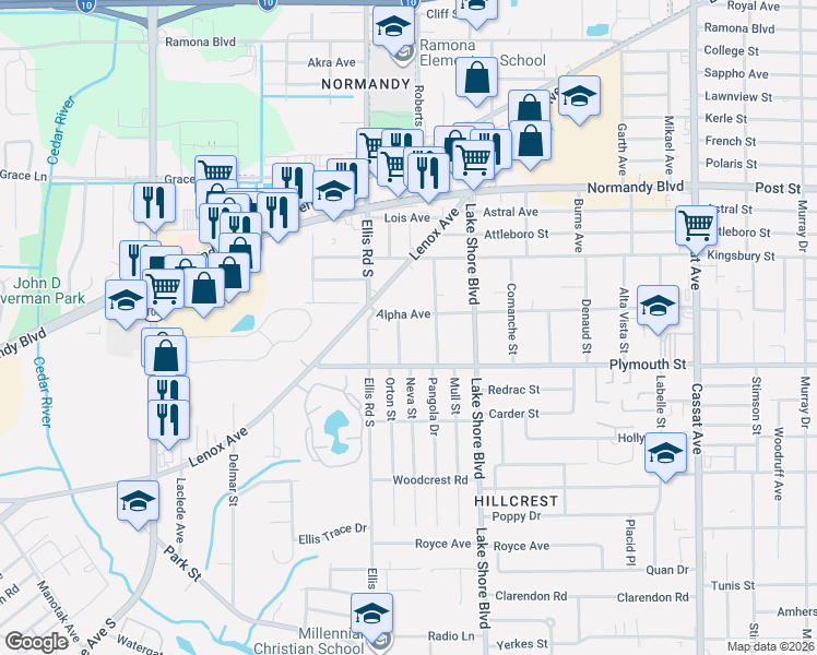 map of restaurants, bars, coffee shops, grocery stores, and more near 5556 Alpha Avenue in Jacksonville