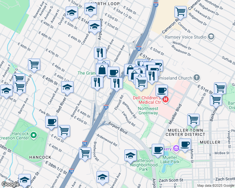 map of restaurants, bars, coffee shops, grocery stores, and more near 4609 North I- 35 Service Road in Austin