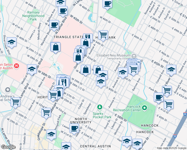 map of restaurants, bars, coffee shops, grocery stores, and more near 4012 Avenue D in Austin