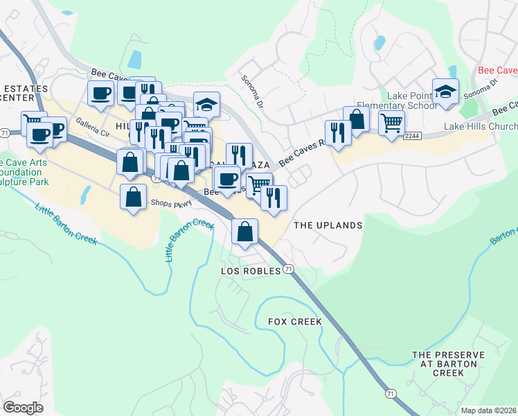map of restaurants, bars, coffee shops, grocery stores, and more near Unnamed Road in Bee Cave