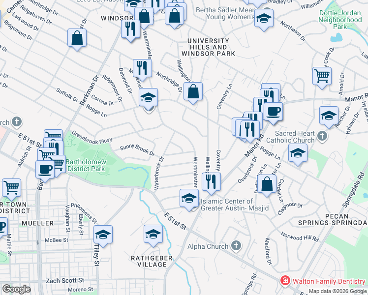 map of restaurants, bars, coffee shops, grocery stores, and more near 5303 Middale Lane in Austin