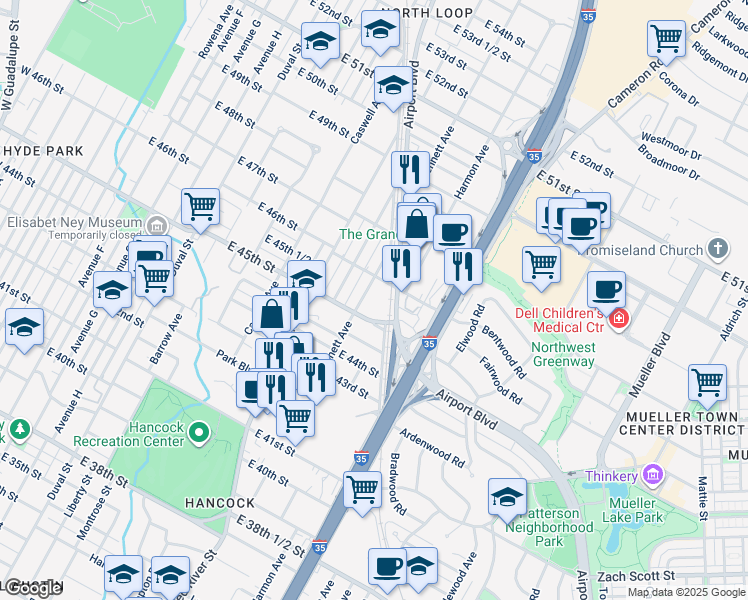 map of restaurants, bars, coffee shops, grocery stores, and more near 1020 East 45th Street in Austin