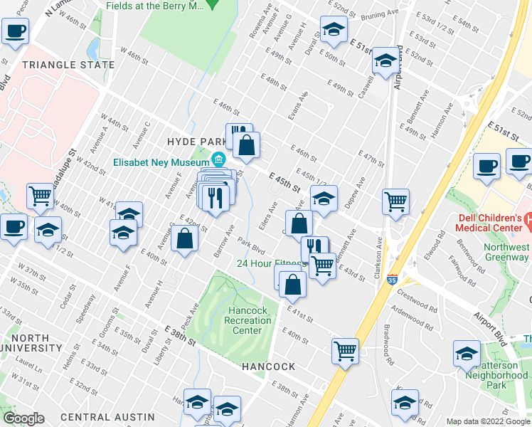 map of restaurants, bars, coffee shops, grocery stores, and more near 4310 Eilers Avenue in Austin