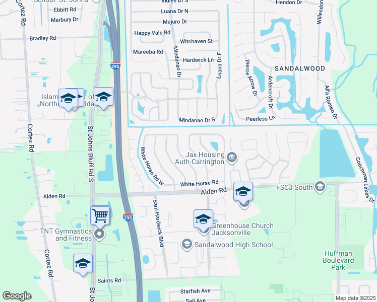 map of restaurants, bars, coffee shops, grocery stores, and more near 2446 Wattle Tree Road West in Jacksonville
