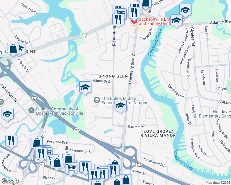 map of restaurants, bars, coffee shops, grocery stores, and more near 2151 Bartram Road in Jacksonville