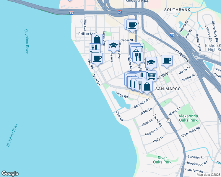 map of restaurants, bars, coffee shops, grocery stores, and more near 1840 San Marco Boulevard in Jacksonville