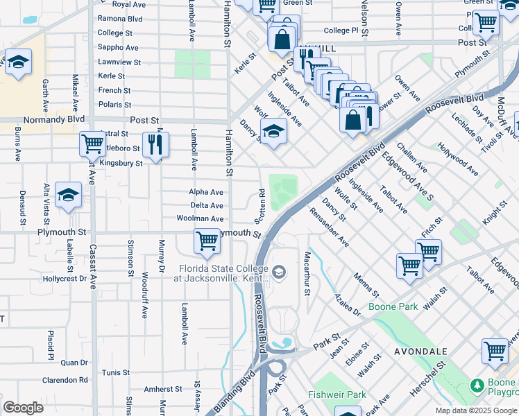 map of restaurants, bars, coffee shops, grocery stores, and more near 1146 Scotten Road in Jacksonville