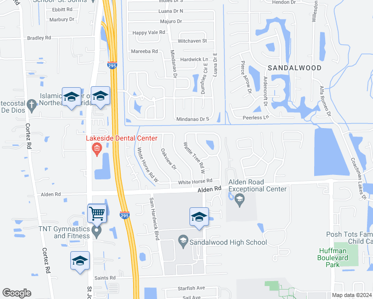 map of restaurants, bars, coffee shops, grocery stores, and more near 2450 Wattle Tree Road West in Jacksonville